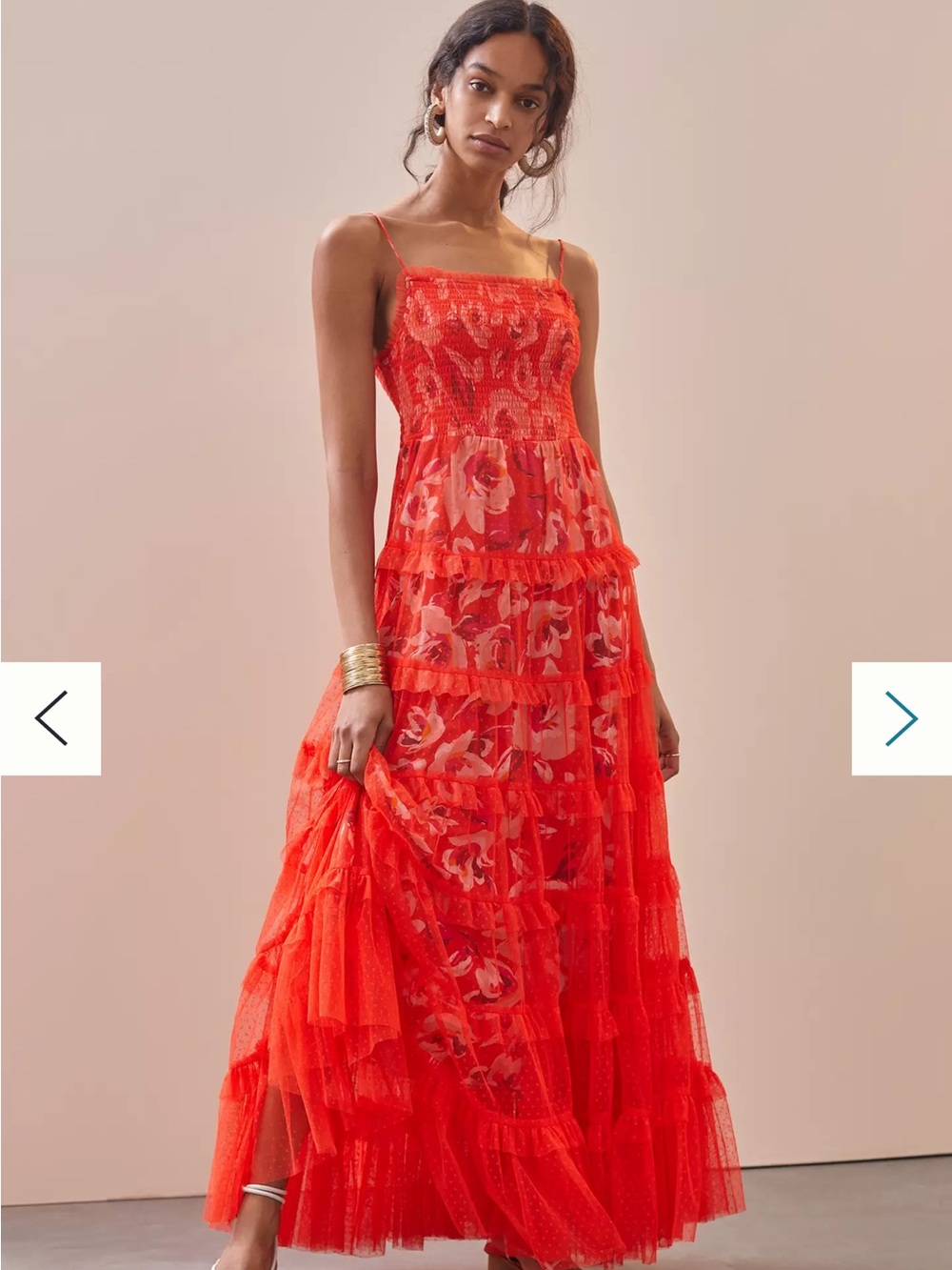 Anthropologie Coral-Red Floral Mesh Tiered Dress - Picture 10 of 11